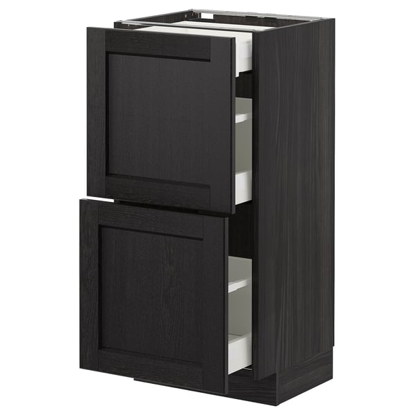 METOD base cab with 2 fronts/3 drawers, black/Lerhyttan black stained, 40x37 cm
