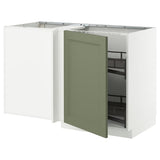 METOD corner base cab w pull-out fitting, white/Axstad grey-green, 128x68 cm