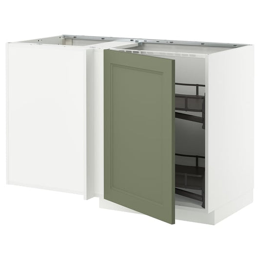 METOD - Corner cabinet/basket extr., white/Axstad grey-green, 128x68 cm - Width: 127.5 cmDepth: 67.5 cmHeight: 88.0 cmFrame height: 80.0 cm