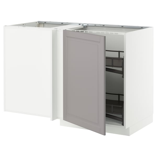 METOD corner base cab w pull-out fitting, white/Bodbyn grey, 128x68 cm