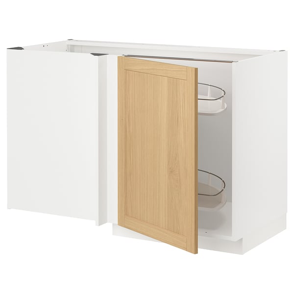 METOD - METOD Corner base cab w pull-out fitting, white/Forsbacka oak, 128x68 cm