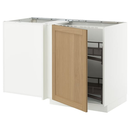 METOD - Corner cabinet/basket extr., white/Forsbacka oak, 128x68 cm - Width: 127.5 cmDepth: 67.5 cmHeight: 88.0 cmFrame height: 80.0 cm