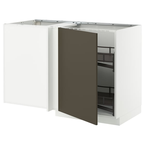 METOD corner base cab w pull-out fitting, white/Havstorp brown-beige, 128x68 cm