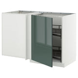 METOD corner base cab w pull-out fitting, white/Kallarp high-gloss dark grey-green, 128x68 cm