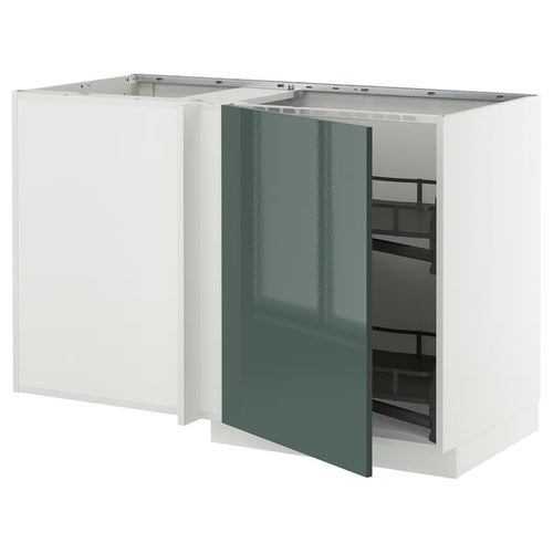 METOD - Corner cabinet/basket extr., white/Kallarp grey-dark green glossy, 128x68 cm - Width: 127.5 cmDepth: 67.5 cmHeight: 88.0 cmFrame height: 80.0 cm