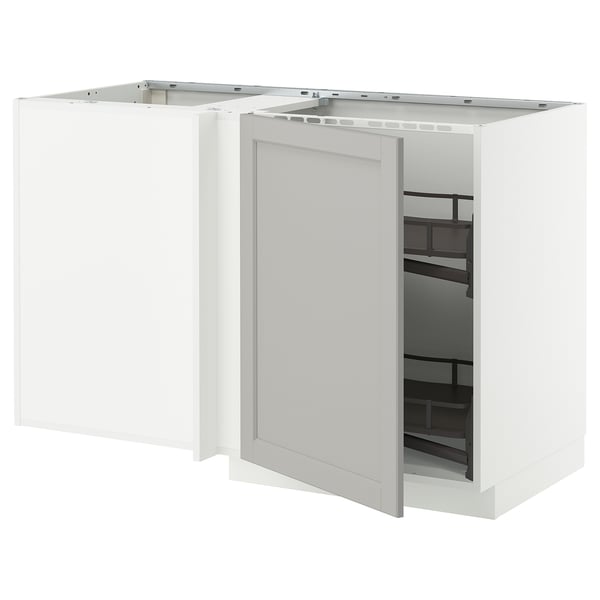 METOD corner base cab w pull-out fitting, white/Lerhyttan light grey, 128x68 cm