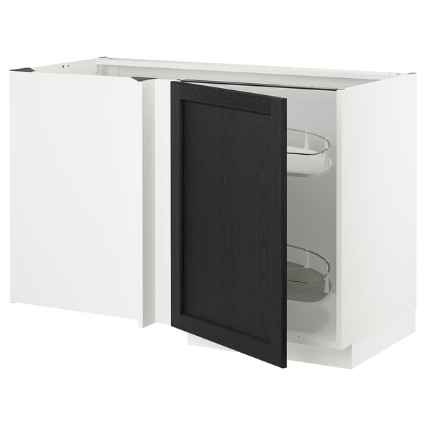 METOD corner base cab w pull-out fitting, white/Lerhyttan black stained, 128x68 cm