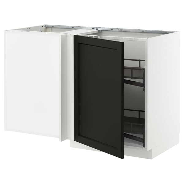 METOD corner base cab w pull-out fitting, white/Lerhyttan black stained, 128x68 cm