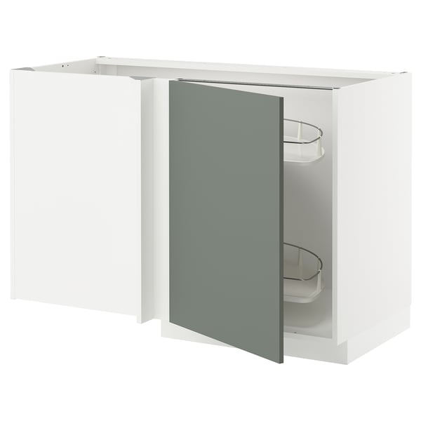 METOD - METOD Corner base cab w pull-out fitting, white/Nickebo matt grey-green, 128x68 cm