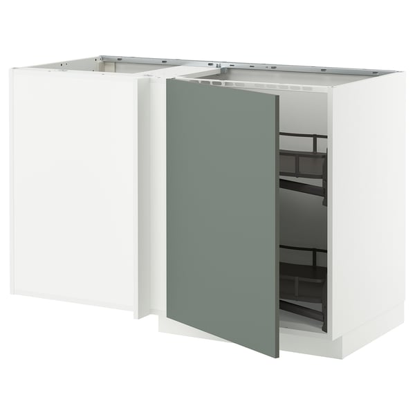 METOD corner base cab w pull-out fitting, white/Nickebo matt grey-green, 128x68 cm