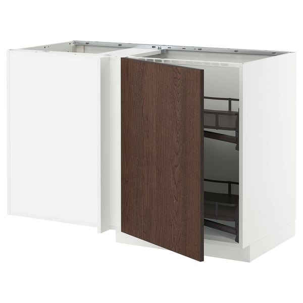 METOD corner base cab w pull-out fitting, white/Sinarp brown, 128x68 cm