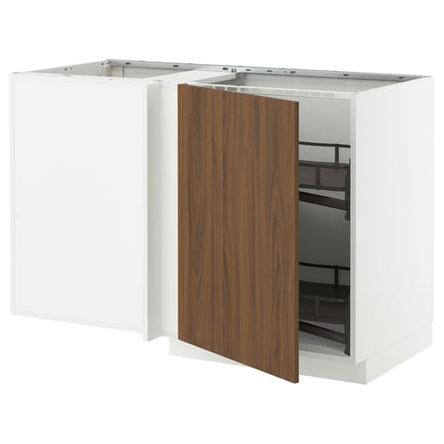 METOD - Corner base unit/pull-out basket, white/Tistorp brown walnut effect, 128x68 cm - Width: 127.5 cm Depth: 67.5 cm Height: 88.0 cm Structure height: 80.0 cm.