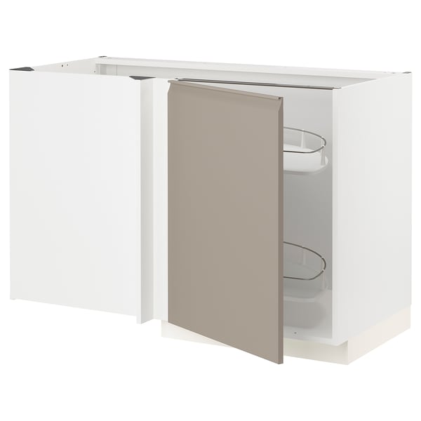 METOD - METOD Corner base cab w pull-out fitting, white/Upplöv matt dark beige, 128x68 cm