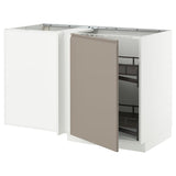 METOD corner base cab w pull-out fitting, white/Upplöv matt dark beige, 128x68 cm