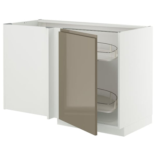 METOD - Corner base cabinet/extr. basket, white/Voxtorp gray-dark brown glossy,128x68 cm