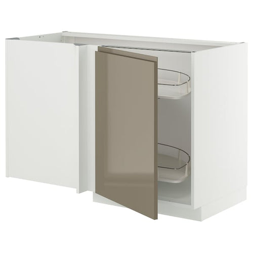 METOD corner base cab w pull-out fitting, white/Voxtorp high-gloss dark grey-brown, 128x68 cm