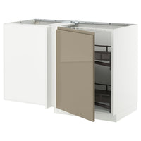 METOD corner base cab w pull-out fitting, white/Voxtorp high-gloss dark grey-brown, 128x68 cm