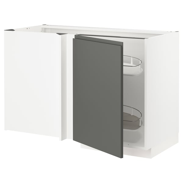 METOD - METOD Corner base cab w pull-out fitting, white/Voxtorp dark grey, 128x68 cm