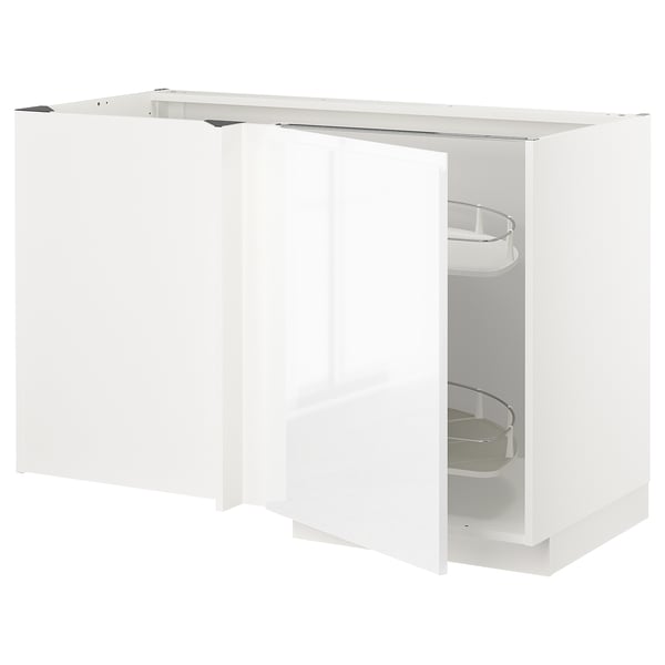 METOD corner base cab w pull-out fitting, white/Voxtorp high-gloss/white, 128x68 cm
