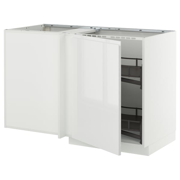 METOD - Angled base cabinet/roll-out basket, white/Voxtorp glossy/white, 128x68 cm - Width: 127.5 cm Depth: 67.5 cm Height: 88.0 cm Height of structure: 80.0 cm.