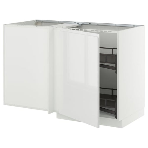 METOD - Angled base cabinet/roll-out basket, white/Voxtorp glossy/white, 128x68 cm - Width: 127.5 cm Depth: 67.5 cm Height: 88.0 cm Height of structure: 80.0 cm.