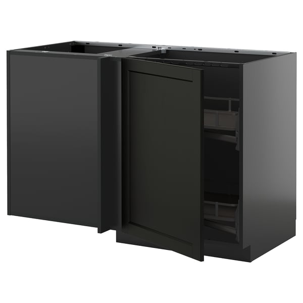 METOD corner base cab w pull-out fitting, black-grey/Lerhyttan black stained, 128x68 cm