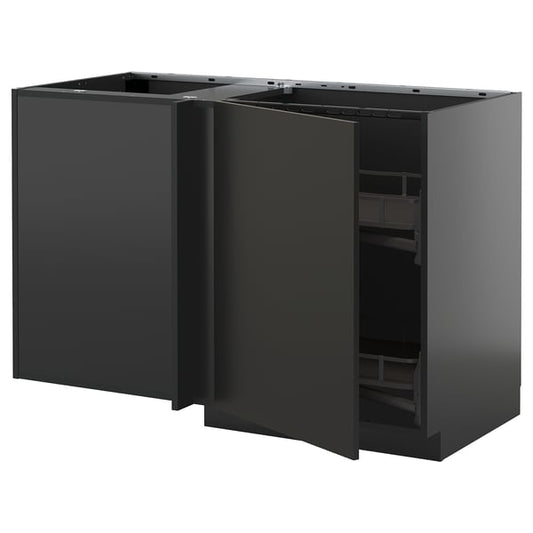 METOD - METOD Corner base cab w pull-out fitting, black-grey/Nickebo matt anthracite, 128x68 cm