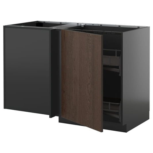 METOD - METOD Corner base cab w pull-out fitting, black-grey/Sinarp brown, 128x68 cm
