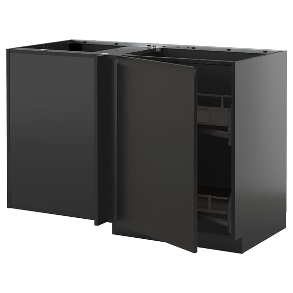 METOD corner base cab w pull-out fitting, black-grey/Upplöv matt anthracite, 128x68 cm