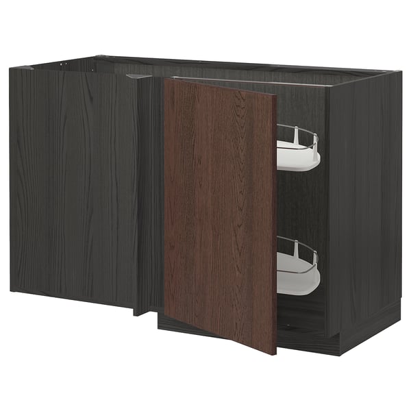 METOD - METOD Corner base cab w pull-out fitting, black/Sinarp brown, 128x68 cm