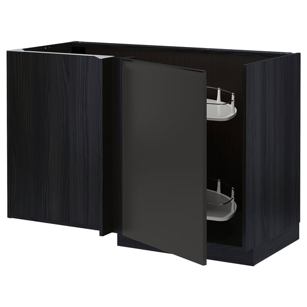 METOD - METOD Corner base cab w pull-out fitting, black/Upplöv matt anthracite, 128x68 cm