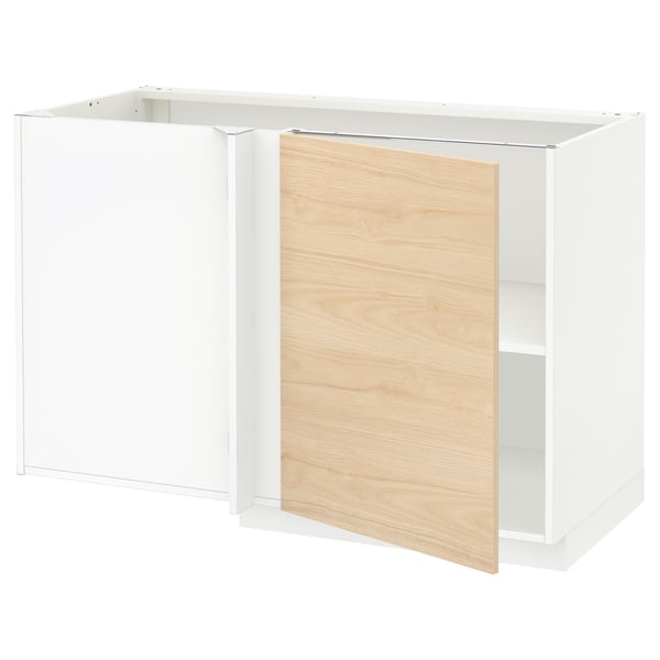 METOD corner base cabinet with shelf, white/Askersund light ash effect, 128x68 cm