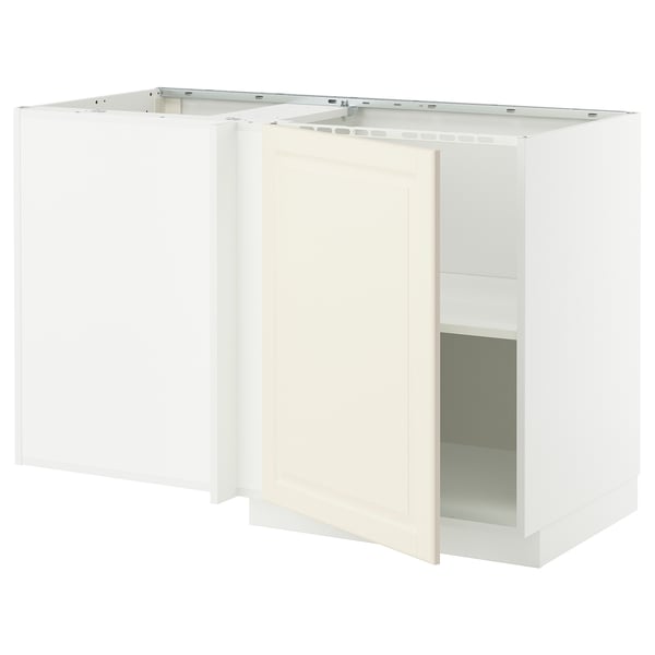 METOD corner base cabinet with shelf, white/Bodbyn off-white, 128x68 cm
