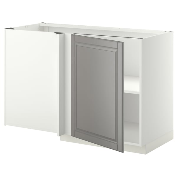 METOD corner base cabinet with shelf, white/Bodbyn grey, 128x68 cm