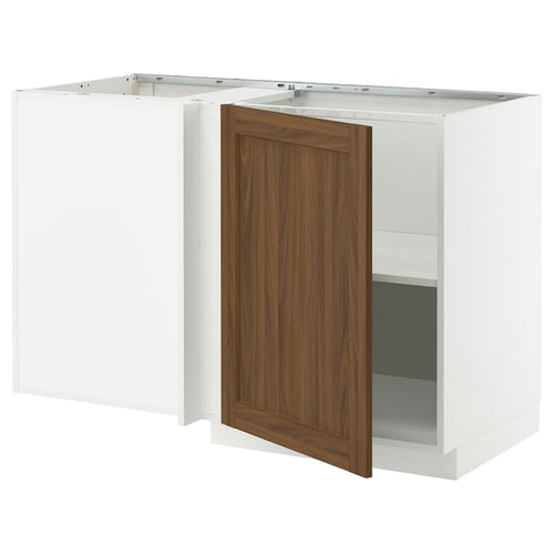 METOD - Corner base cabinet with shelf, white/Enköping walnut brown effect, 128x68 cm - Width: 127.5 cm Depth: 67.5 cm Height: 88.0 cm Structure height: 80.0 cm