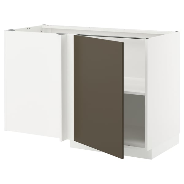 METOD - METOD Corner base cabinet with shelf, white/Havstorp brown-beige, 128x68 cm