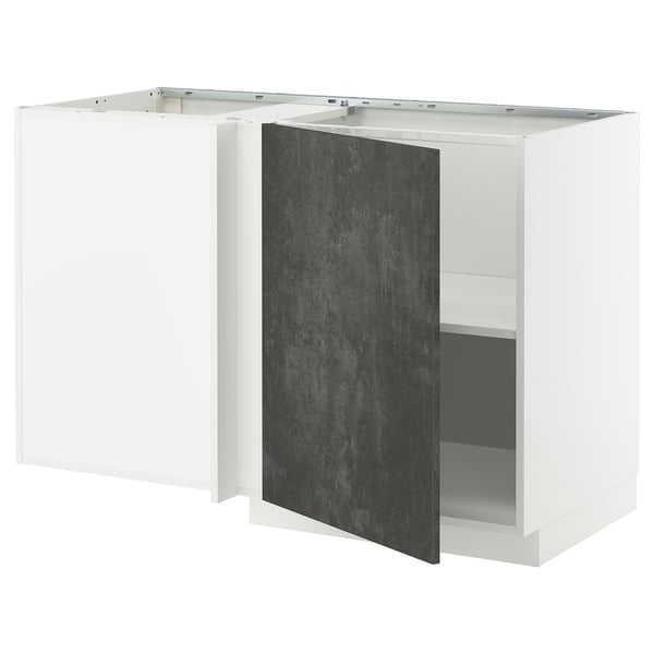 METOD - Corner base cabinet with shelf, white/Kalhyttan dark grey concrete effect, 128x68 cm - Width: 127.5 cm Depth: 67.5 cm Height: 88.0 cm Height of structure: 80.0 cm.