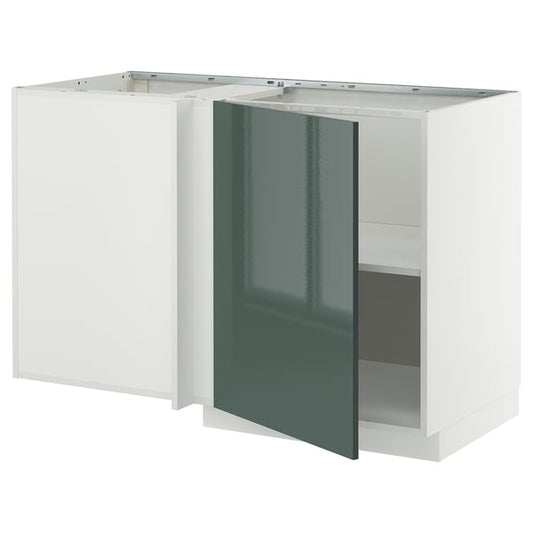 METOD - Corner base cabinet with shelf, white/Kallarp dark gray-green glossy, 128x68 cm - Width: 127.5 cm Depth: 67.5 cm Height: 88.0 cm Structure height: 80.0 cm.