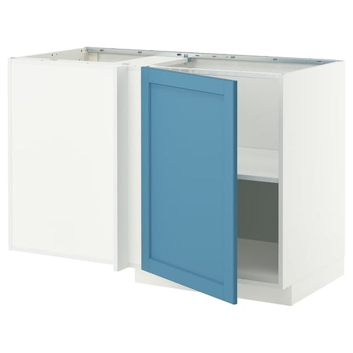 METOD corner base cabinet with shelf, white/Lerhyttan blue, 128x68 cm