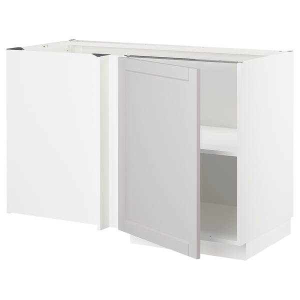 METOD corner base cabinet with shelf, white/Lerhyttan light grey, 128x68 cm