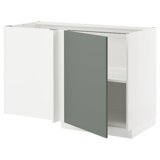 Ikea METOD - Corner base cabinet with shelf, white/Nickebo matt grey-green, 128x68 cm
