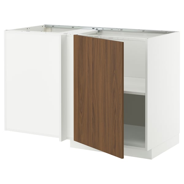 METOD corner base cabinet with shelf, white/Tistorp brown walnut effect, 128x68 cm
