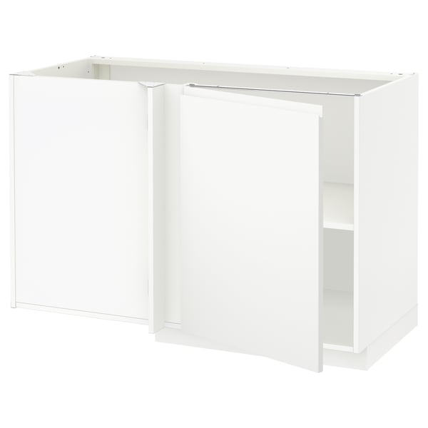 METOD corner base cabinet with shelf, white/Voxtorp matt white, 128x68 cm
