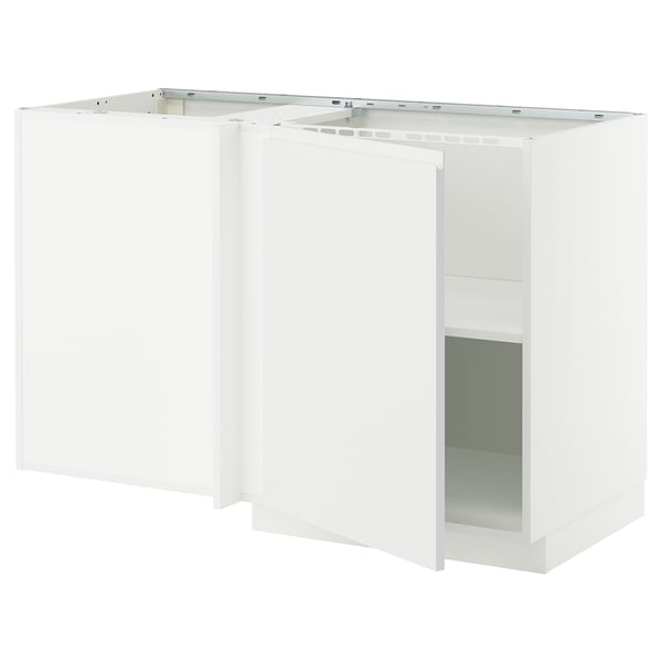 METOD corner base cabinet with shelf, white/Voxtorp matt white, 128x68 cm