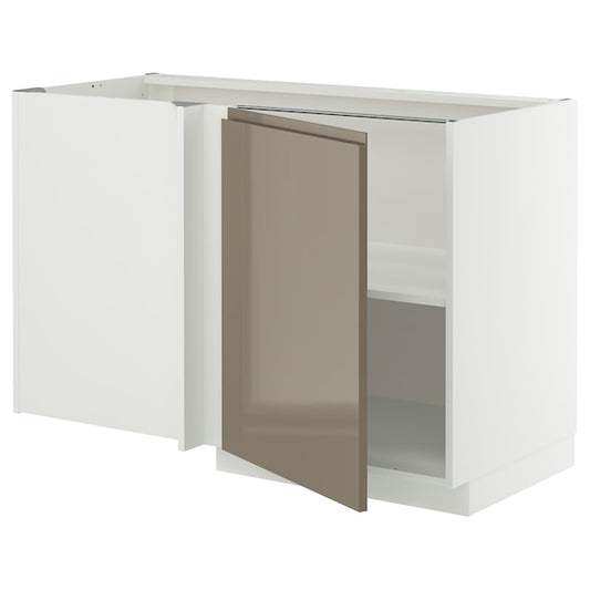 METOD - Corner base cabinet with shelf, white/Voxtorp gray-dark brown glossy,128x68 cm
