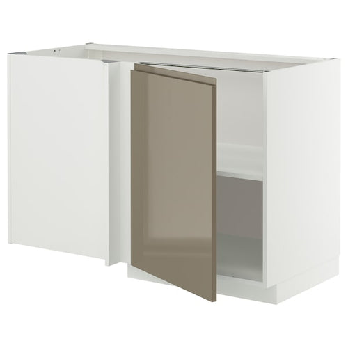 METOD corner base cabinet with shelf, white/Voxtorp high-gloss dark grey-brown, 128x68 cm