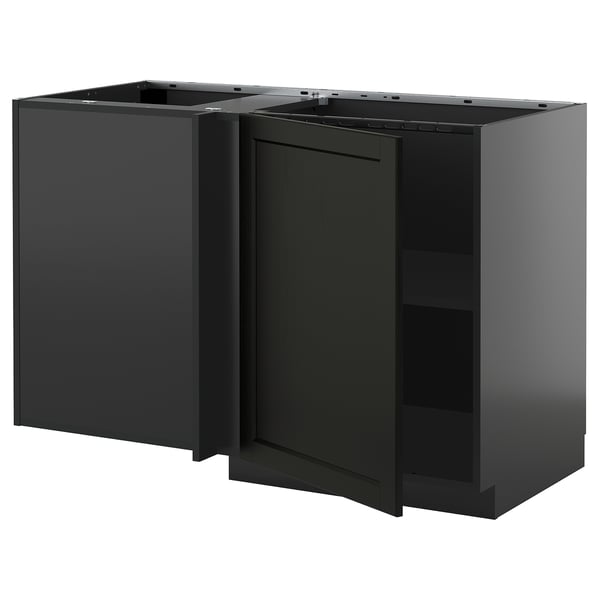 METOD corner base cabinet with shelf, black-grey/Lerhyttan black stained, 128x68 cm