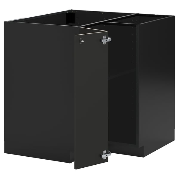 METOD corner base cabinet with shelf, black-grey/Nickebo matt anthracite, 88x88 cm