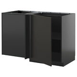 METOD corner base cabinet with shelf, black-grey/Nickebo matt anthracite, 128x68 cm