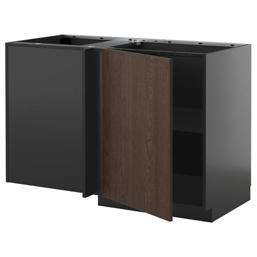 METOD - METOD Corner base cabinet with shelf, black-grey/Sinarp brown, 128x68 cm